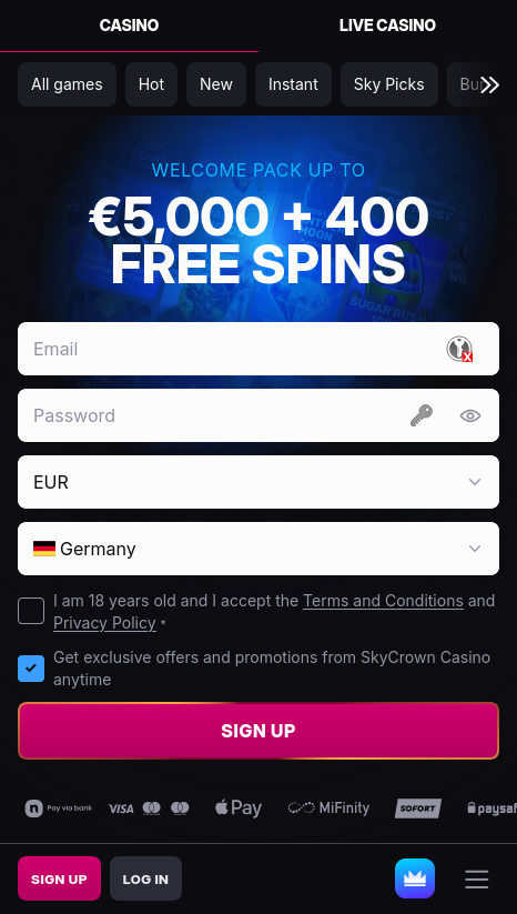 SkyCrown casino mobile app VIP and loyalty features interface